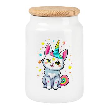 Chat Licorne ArcEnCiel Etoiles - Boîte à biscuits avec couvercle en bois - blanc - Devant