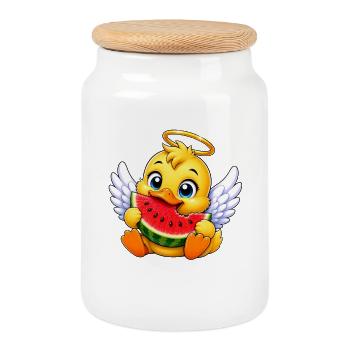 Dessin animé Ange Canard Mignon avec Donut - Boîte à biscuits avec couvercle en bois - blanc - Devant
