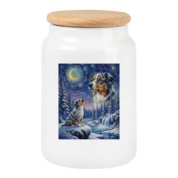 Chien Hurlant à la Lune Berger Australien - Boîte à biscuits avec couvercle en bois - blanc - Devant