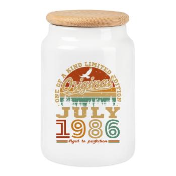 July 1986 Vintage Retro Birthday Gift - Cookie Jar with Wooden Lid - white - Front