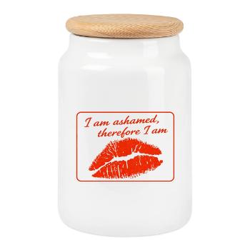 I am ashamed, therefore I am - Cookie Jar with Wooden Lid - white - Front