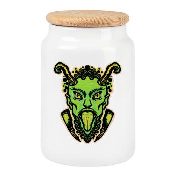 Green Krampus with tongue and horns - Cookie Jar with Wooden Lid - white - Front