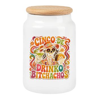 Cinco de Drinko : Squelette Hippie et Taco - Boîte à biscuits avec couvercle en bois - blanc - Devant
