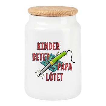 Kinder betet, Papa lötet - Keksdose mit Holzdeckel - Weiß - Vorne