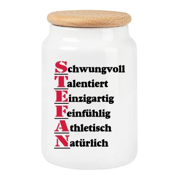 Stefan , Vorname,Namensschild,Name,Fun Shirt (25) - Keksdose mit Holzdeckel - Weiß - Vorne