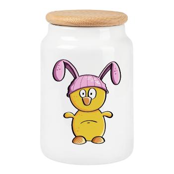 Petit poussin avec un chapeau de lapin de Pâques - Pâques - Boîte à biscuits avec couvercle en bois - blanc - Devant