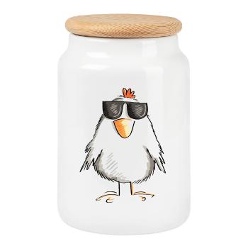 Chicken with cool sunglasses - rooster - goose - Cookie Jar with Wooden Lid - white - Front