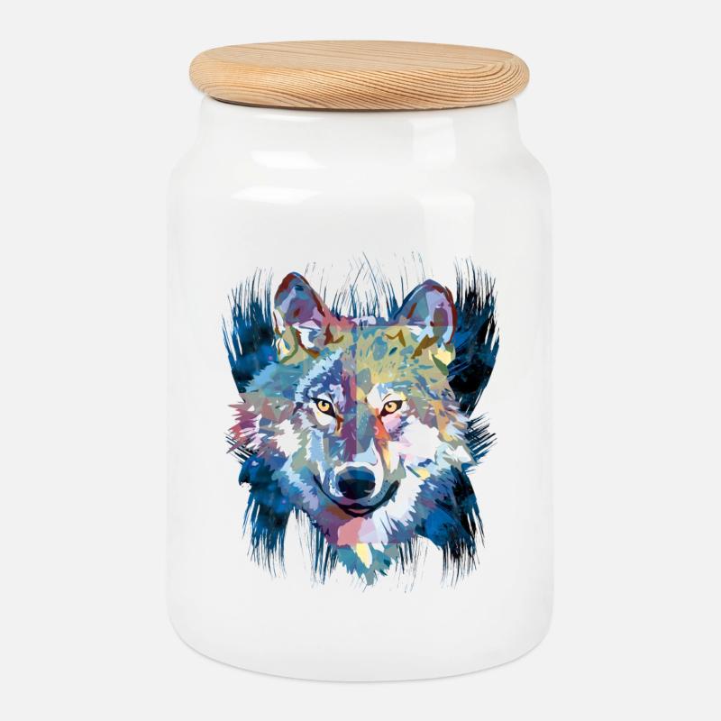 Polygon Wolf - Schöner grauer Wolf in Blau - Keksdose mit Holzdeckel - Weiß
