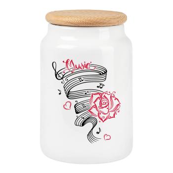 Music notes with music sheet and rose. - Cookie Jar with Wooden Lid - white - Front
