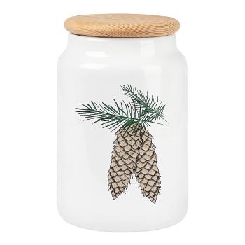 deux pommes de pin sur des branches de sapin - Boîte à biscuits avec couvercle en bois - blanc - Devant