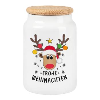 Rentier Gesicht Frohe Weihnachten Schneeflocken - Keksdose mit Holzdeckel - Weiß - Vorne