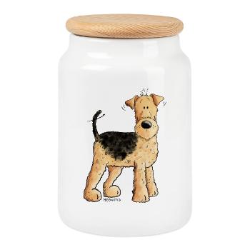 Happy Airedale Terrier I Chiens Bande dessinée - Boîte à biscuits avec couvercle en bois - blanc - Devant