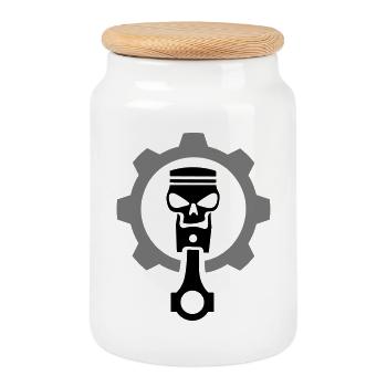 Engine piston with skull & gear gear - Cookie Jar with Wooden Lid - white - Front