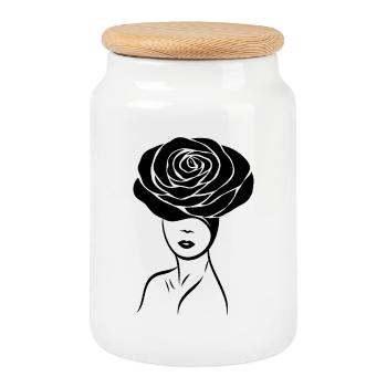 Fille / Dame avec une fleur (rose) sur la tête - Boîte à biscuits avec couvercle en bois - blanc - Devant
