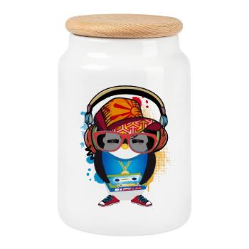 cute penguin as a hip hopper in a cool outfit - Cookie Jar with Wooden Lid - white - Front