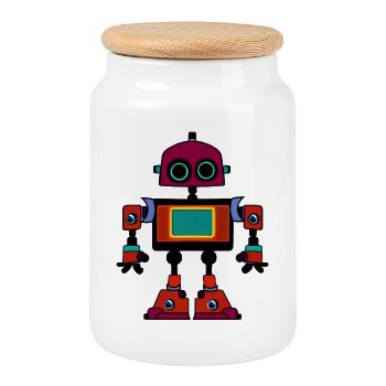 Farbenfroher Retro-Roboter - Keksdose mit Holzdeckel - Weiß - Vorne