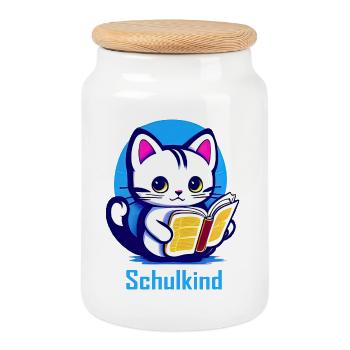 Schulkind Katze mit Buch - Keksdose mit Holzdeckel - Weiß - Vorne