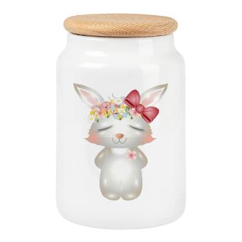 niedlicher weißer Hase mit Blumen und Schleife - Keksdose mit Holzdeckel - Weiß - Vorne