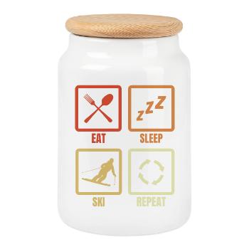 Eating, sleeping, skiing, repeating - Cookie Jar with Wooden Lid - white - Front