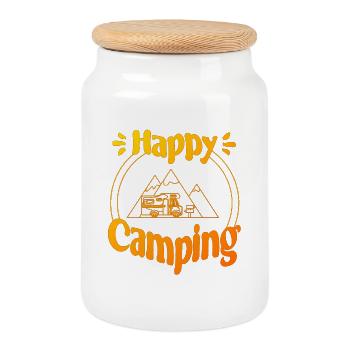 Happy Camping - conception graphique joyeuse et cool - Boîte à biscuits avec couvercle en bois - blanc - Devant