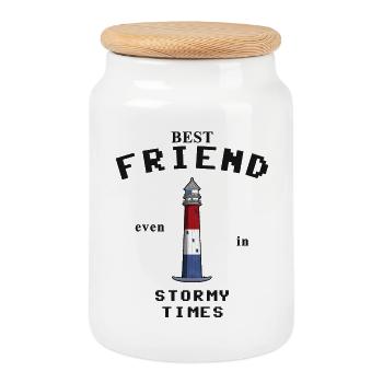 Friendship, Best Friend, Stilo Lighthouse, Poland - Cookie Jar with Wooden Lid - white - Front