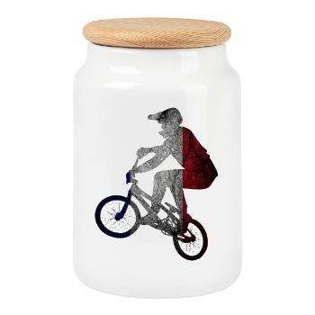 Tri-Color Cyclist Silhouette - Cookie Jar with Wooden Lid - white - Front