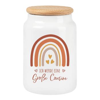 Ich werde eine große Cousine / Boho Regenbogen - Keksdose mit Holzdeckel - Weiß - Vorne
