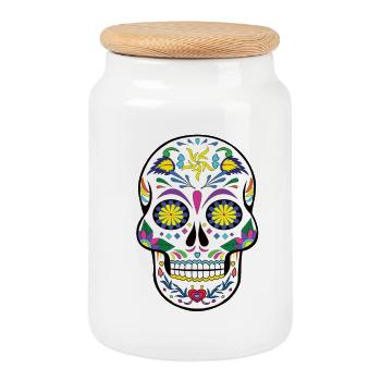 Bunte Zuckerschädel Blumenkunst day of the dead - Keksdose mit Holzdeckel - Weiß - Vorne