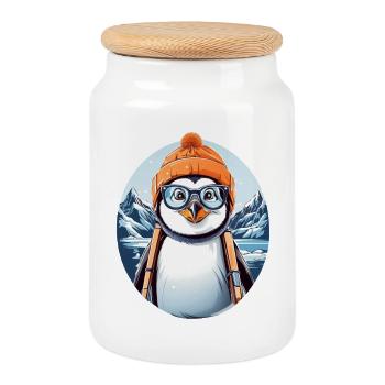 Cute Penguin - Cookie Jar with Wooden Lid - white - Front
