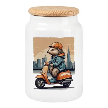 Süßer Igel auf Motorroller - Keksdose mit Holzdeckel - Weiß - Vorne