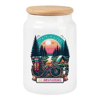 Sunset Bikepacking Forest Escape - Cookie Jar with Wooden Lid - white - Front