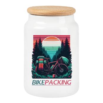 Sunset Bikepacking Forest - Cookie Jar with Wooden Lid - white - Front