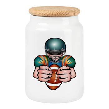 Joueur de football avec casque de football et ballon de match - Boîte à biscuits avec couvercle en bois - blanc - Devant