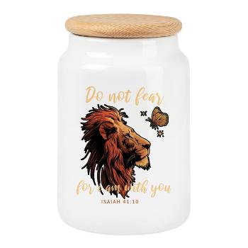 Lion Butterfly Bible Verse - Cookie Jar with Wooden Lid - white - Front