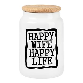 Happy Life Schriftzug Block - Keksdose mit Holzdeckel - Weiß - Vorne
