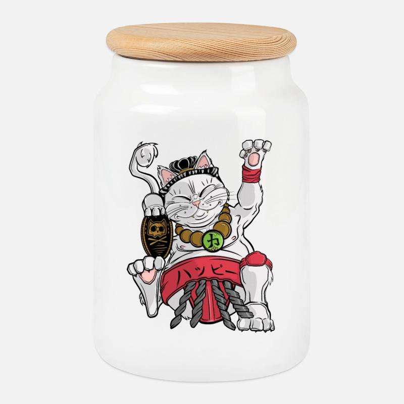 Maneki-neko Sumo - Cookie Jar with Wooden Lid - white