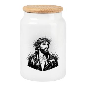 Jesus Christus mit stylischer Frisur & Lederjacke - Keksdose mit Holzdeckel - Weiß - Vorne