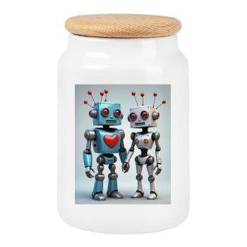 Roboter Pärchen - Keksdose mit Holzdeckel - Weiß - Vorne