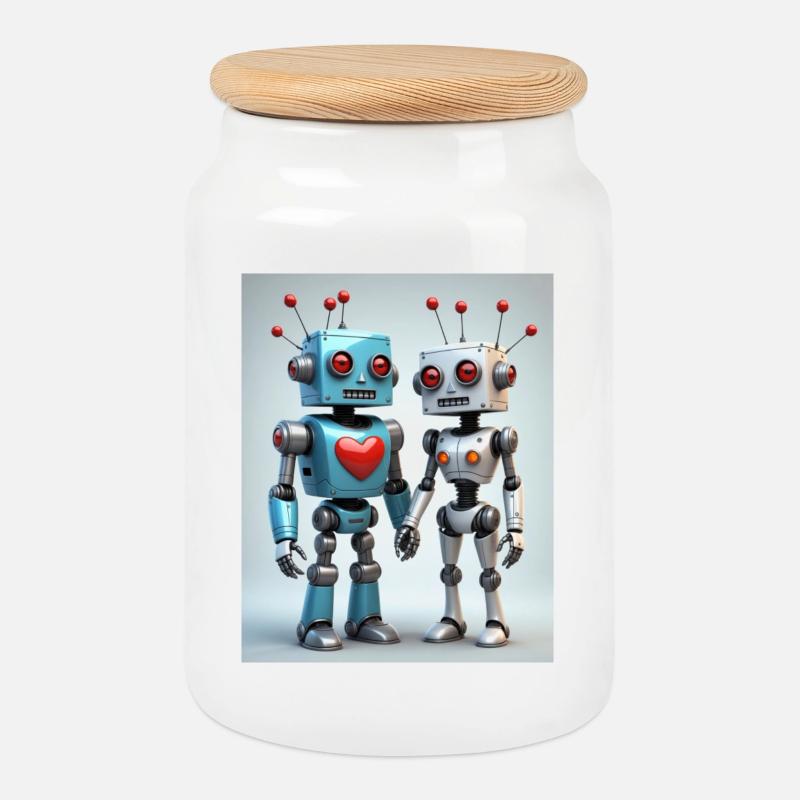Roboter Pärchen - Keksdose mit Holzdeckel - Weiß