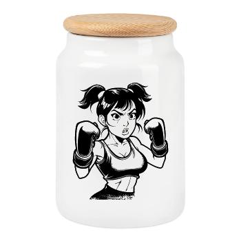 Boxing Girl Drawing - Cookie Jar with Wooden Lid - white - Front