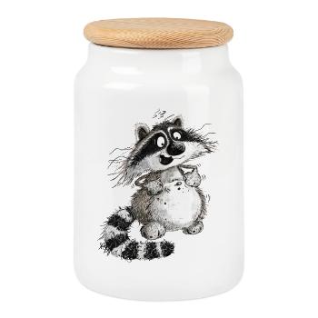 Lustiger Waschbär Cartoon Wildtier - Keksdose mit Holzdeckel - Weiß - Vorne