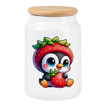 Drôle pingouin fraise chapeau dessin animé fruit - Boîte à biscuits avec couvercle en bois - blanc - Devant