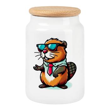 Beaver - Cookie Jar with Wooden Lid - white - Front