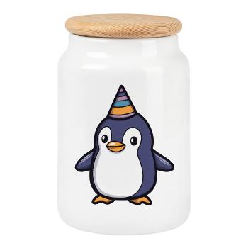 Glücklicher Pinguin mit Partyhut - Cartoon Design - Keksdose mit Holzdeckel - Weiß - Vorne