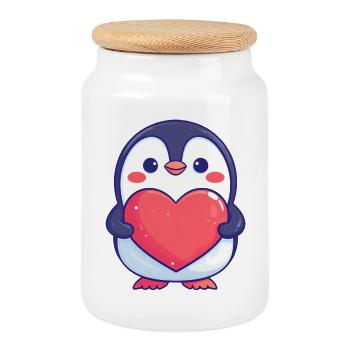 Pingouin tenant un cœur rouge - Adorable dessin animé - Boîte à biscuits avec couvercle en bois - blanc - Devant