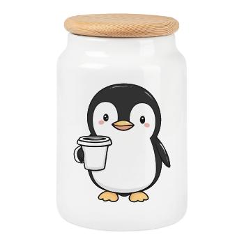 Cute Penguin Holding Coffee Cup - Adorable Design - Cookie Jar with Wooden Lid - white - Front