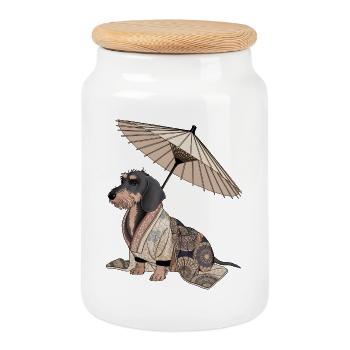 Wire-haired dachshund Dachshund Japanese styles. Dachshund - Cookie Jar with Wooden Lid - white - Front