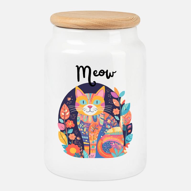Colorful Cat Patchwork Anthology - Cookie Jar with Wooden Lid - white