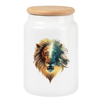 Dualité de la force, le lion et la femme - Boîte à biscuits avec couvercle en bois - blanc - Devant