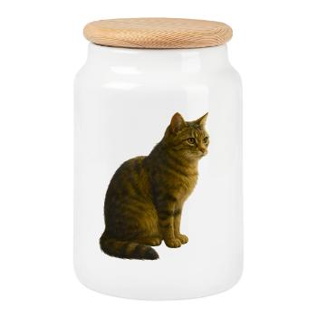 Chat tigré assis - Boîte à biscuits avec couvercle en bois - blanc - Devant